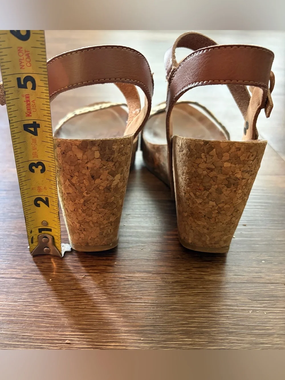 Bonefish- Tan Cork Wedge Sandals with Leopard-Print Strap Size 6.5